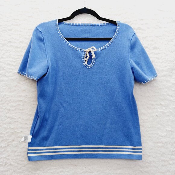 Sweater Blouse Size M Blue Stripe Tie Sailorcore Resort Coastal Grandma Preppy - Picture 10 of 13